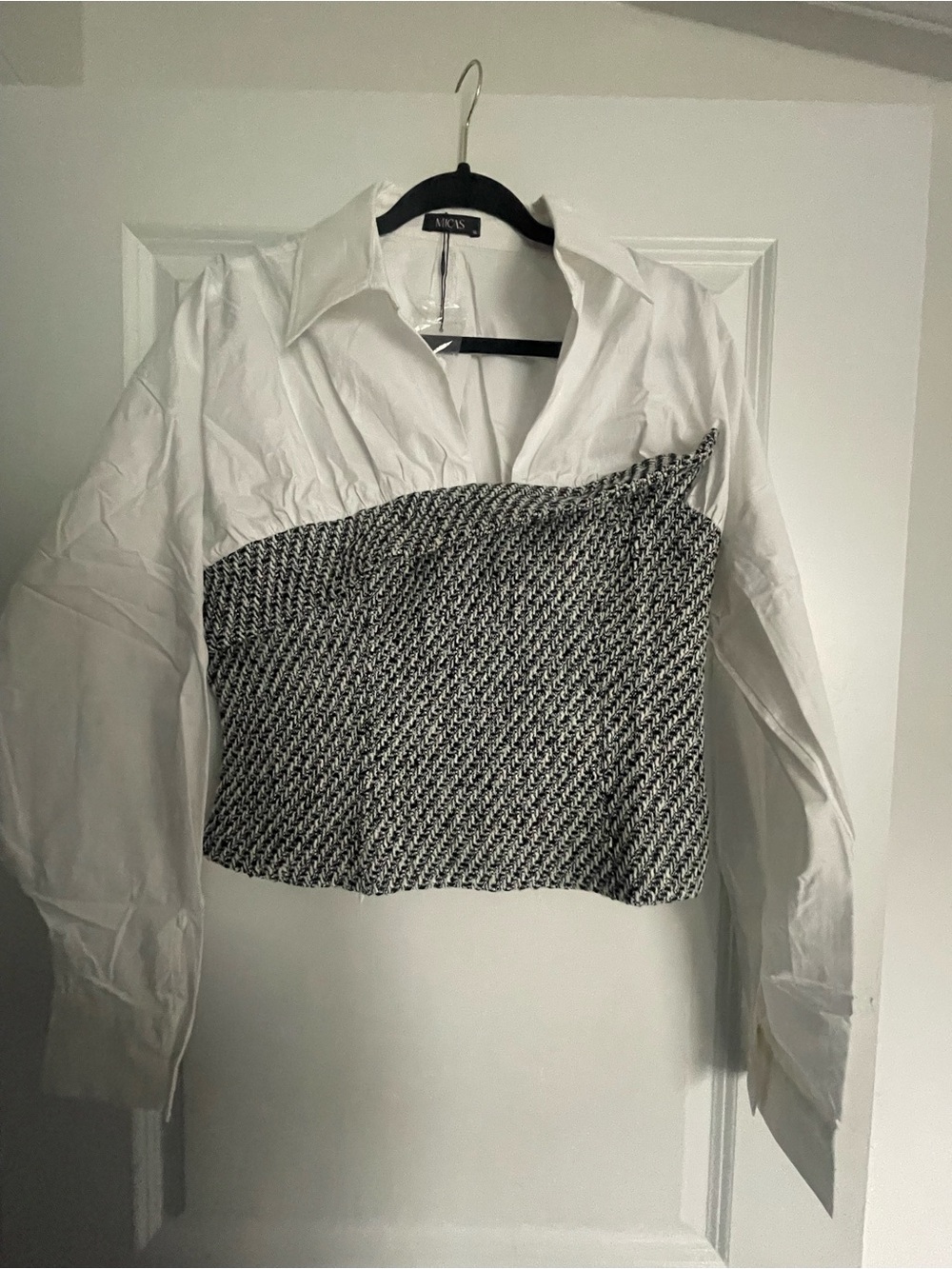 White Button-Down Shirt with Black & White Tweed Bustier